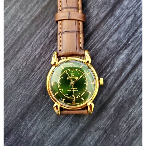 Rare Amazing Color Roamer Mechanical Swiss Watch Restored Serviced‎ GLD-GRN-BLK - Picture 5 of 11